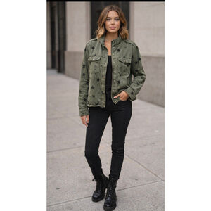 Women's By Together Utility Jacket L Olive Green with Black Stars